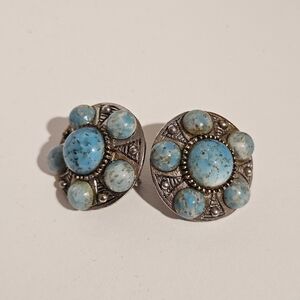 Richelieu Vintage Silver Turquoise Blue Filigree Earrings Screw Back Jewelry